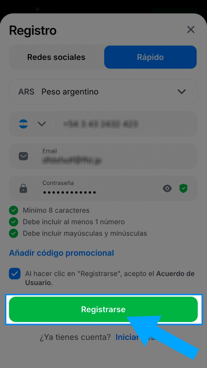 Haga clic en el botón y complete el registro en 1win.