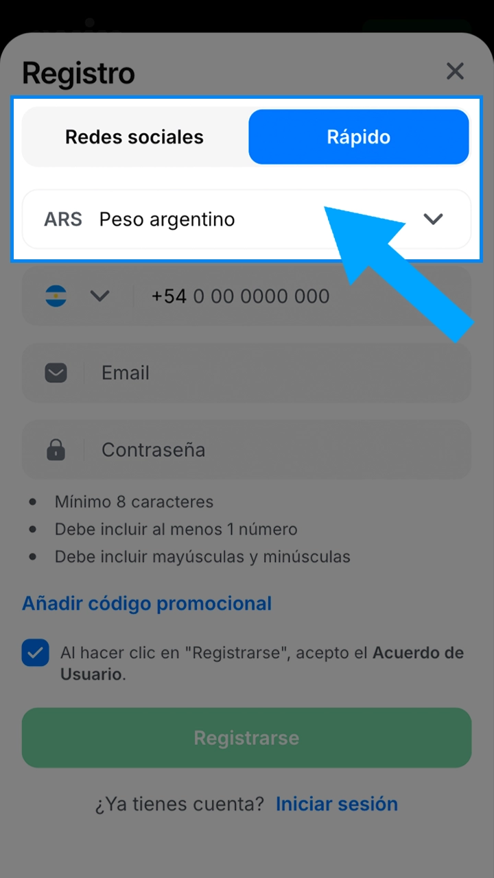 Elija el método de registro adecuado en 1win.