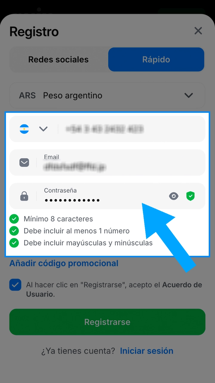 Introduzca la información necesaria para registrarse en 1win.