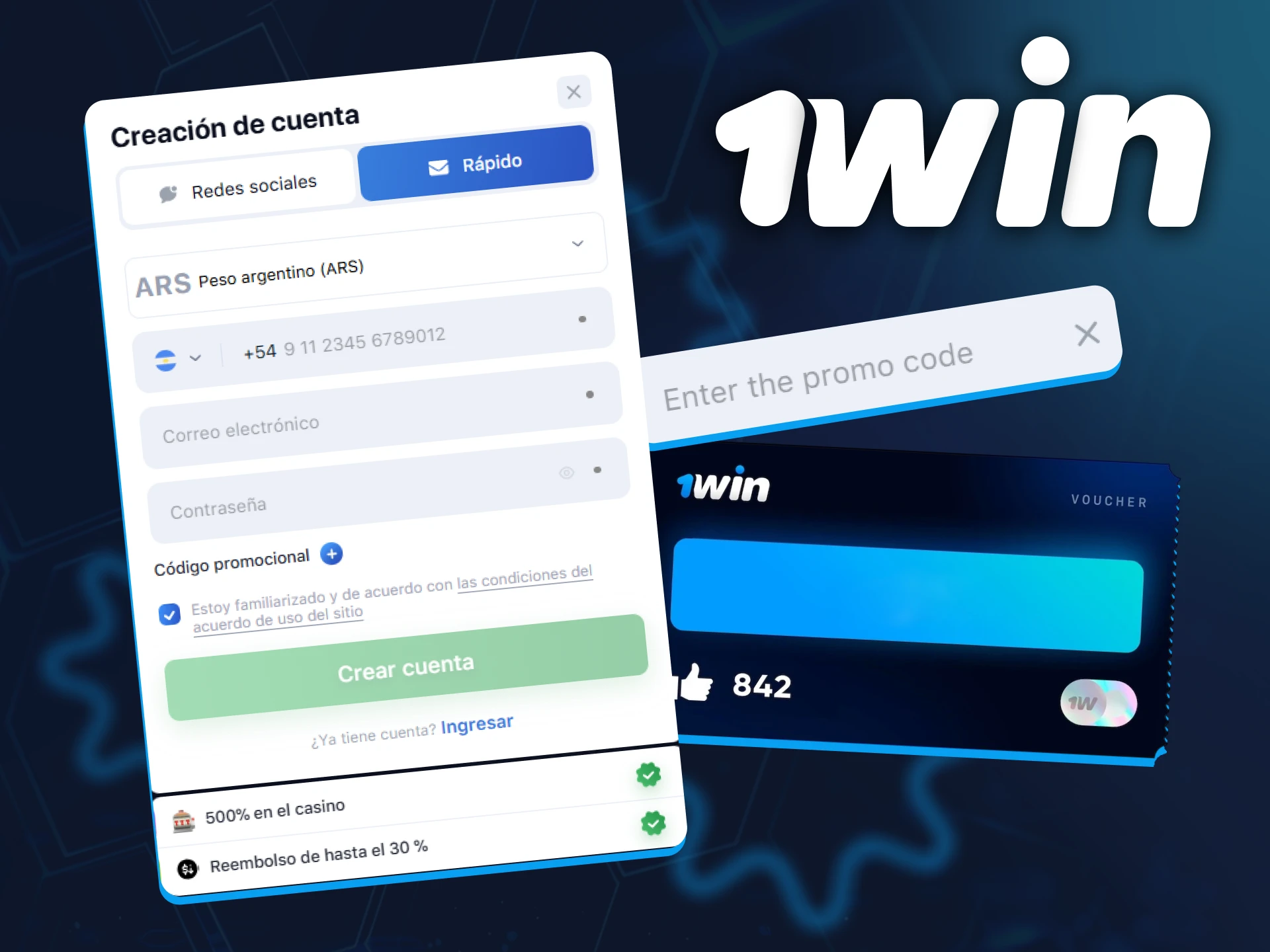 Introduce el código promocional en el formulario oficial de 1win Argentina al registrarte.