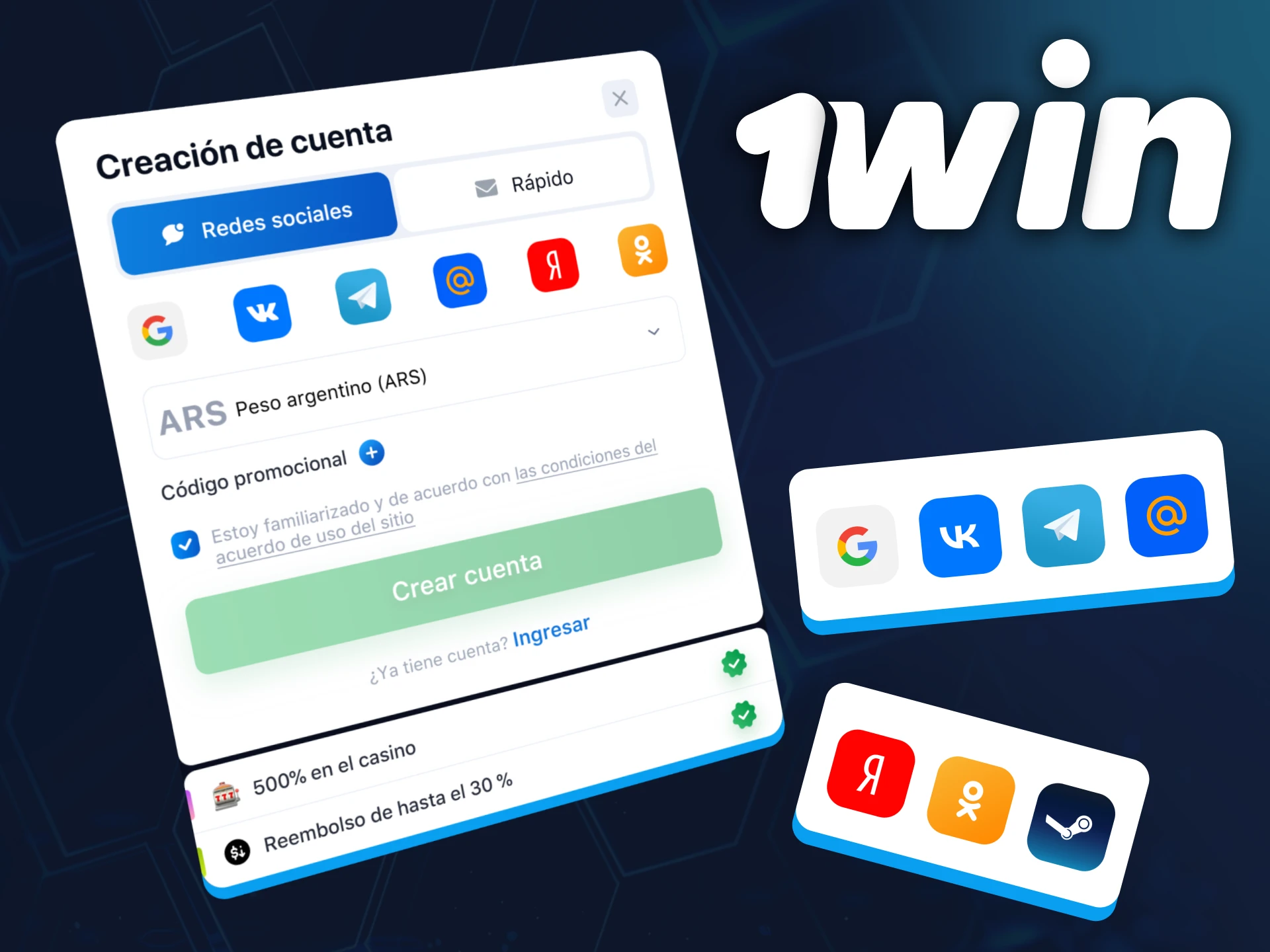 Crea tu cuenta en 1win Argentina iniciando sesión con tu red social favorita.