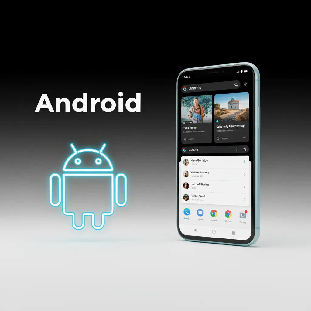 Logo de Android y teléfono mostrando guía para descargar APK, instalar, iniciar sesión y activar notificaciones.