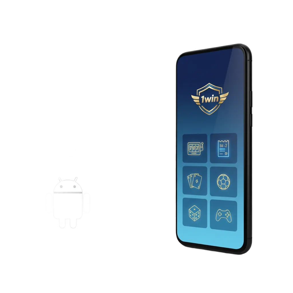 Pantalla de un móvil Android mostrando la app 1win para apuestas y casino, con indicaciones de instalación.